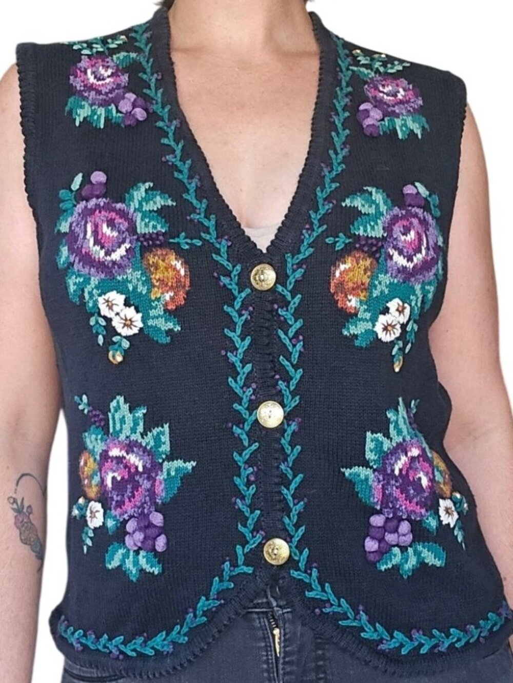 1980s Jantzen Classics Black Knit Floral Sweater Vest Womens Size L Garden Party